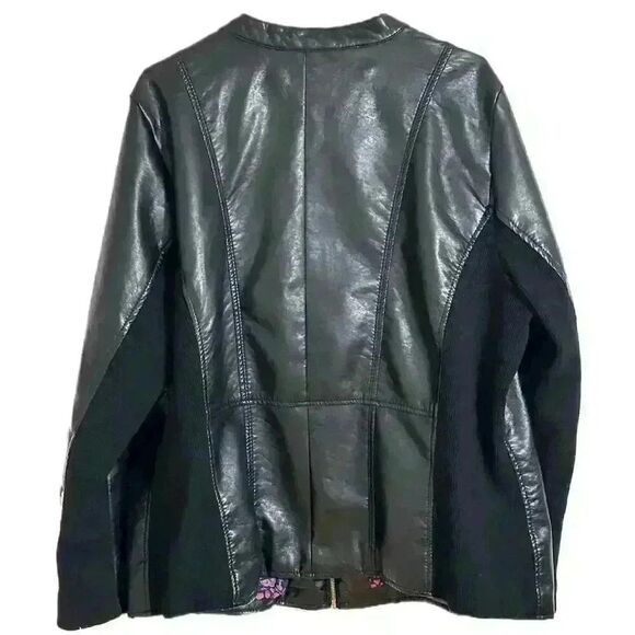 Theory Womens Jacket 2X Faux Leather Floral Lining Zipper Back Ribbed Knit - Picture 4 of 8